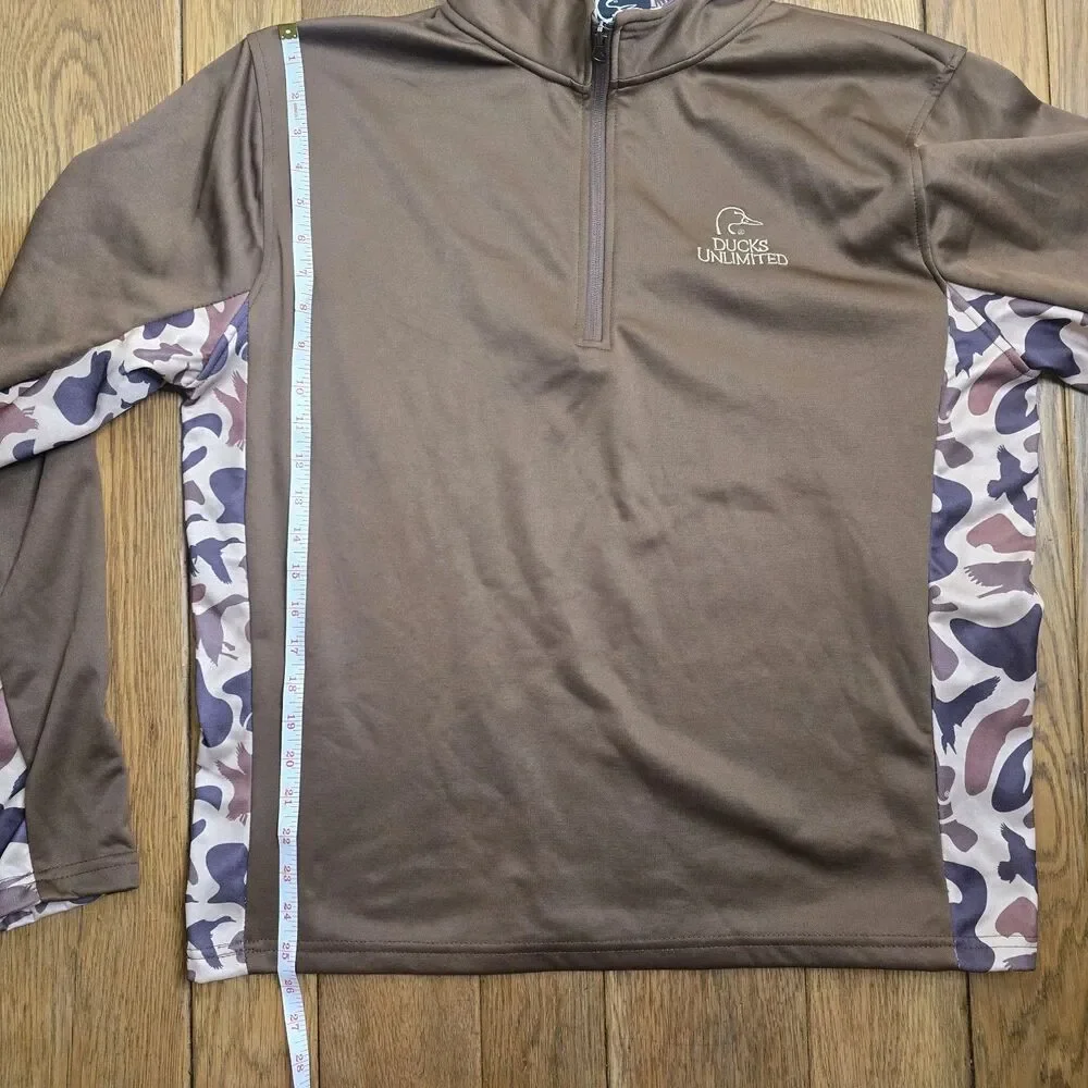 Ducks Unlimited Men's L 1/4 Zip Brown & Camo Long Sleeve Pullover Hunting Hiking